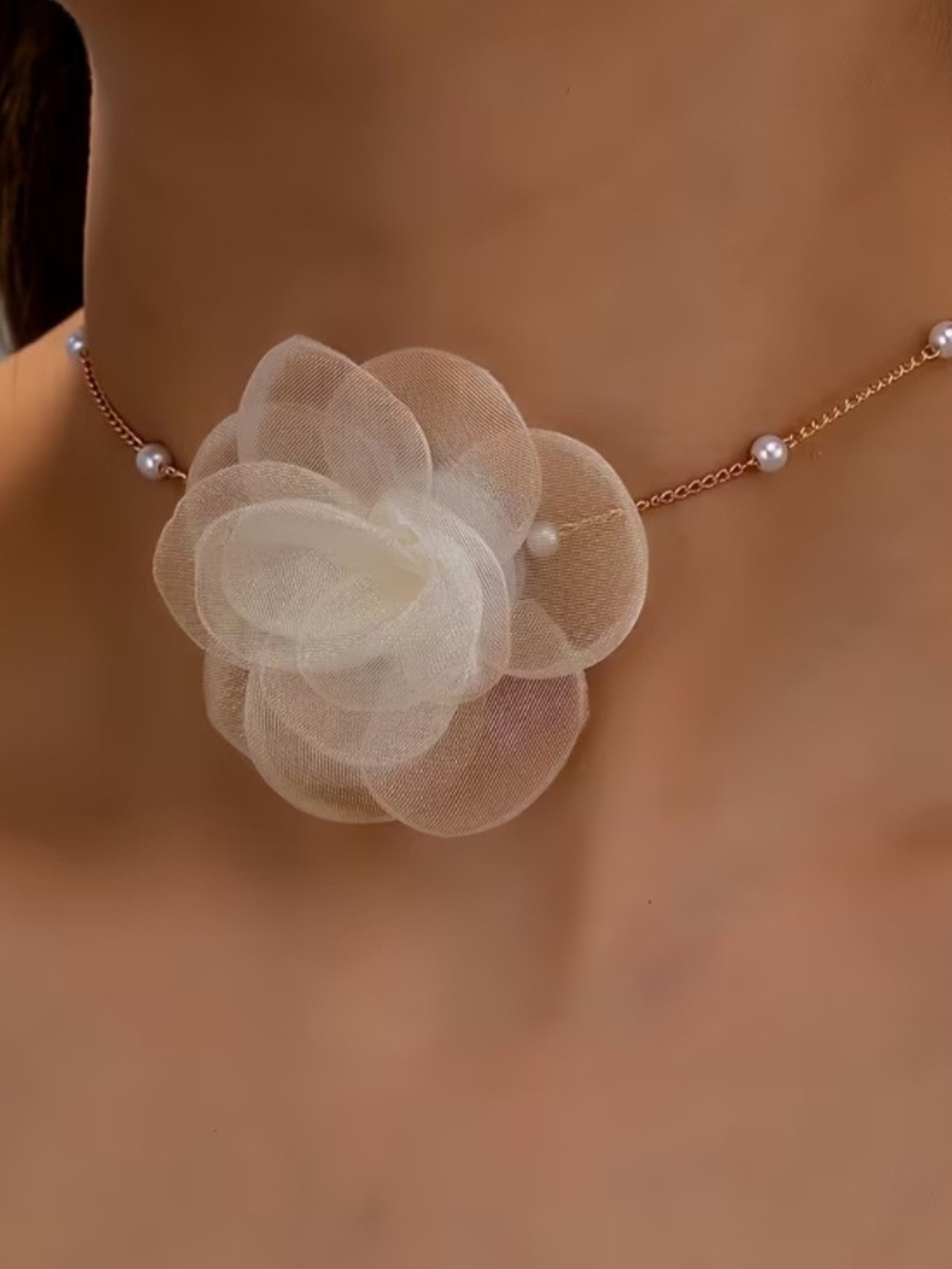 Elegant Gold Pearl Choker with Ivory Fabric Flower